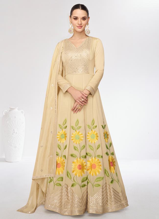 Silk Cream Party Wear Embroidery Work Gown With Dupatta